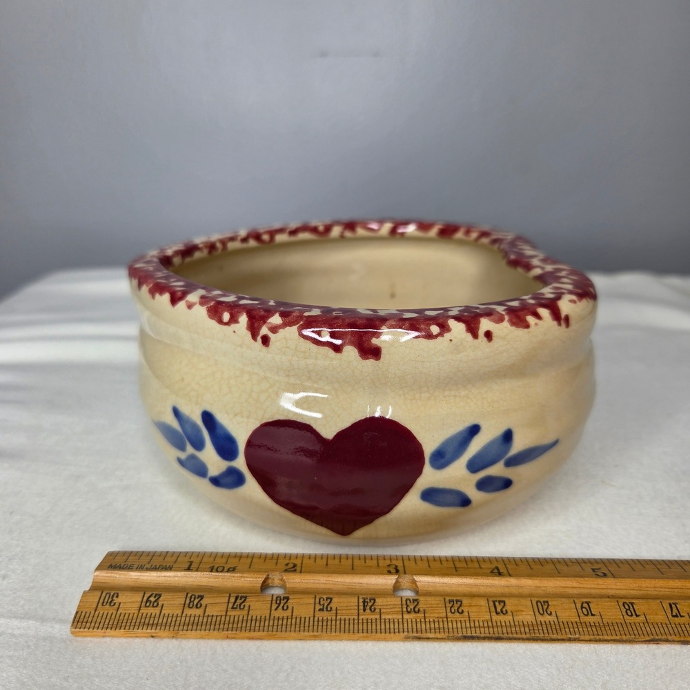 Vintage Heart Shaped Ceramic Bowl Spongeware Rim Blue Leaves Farmhouse Decor